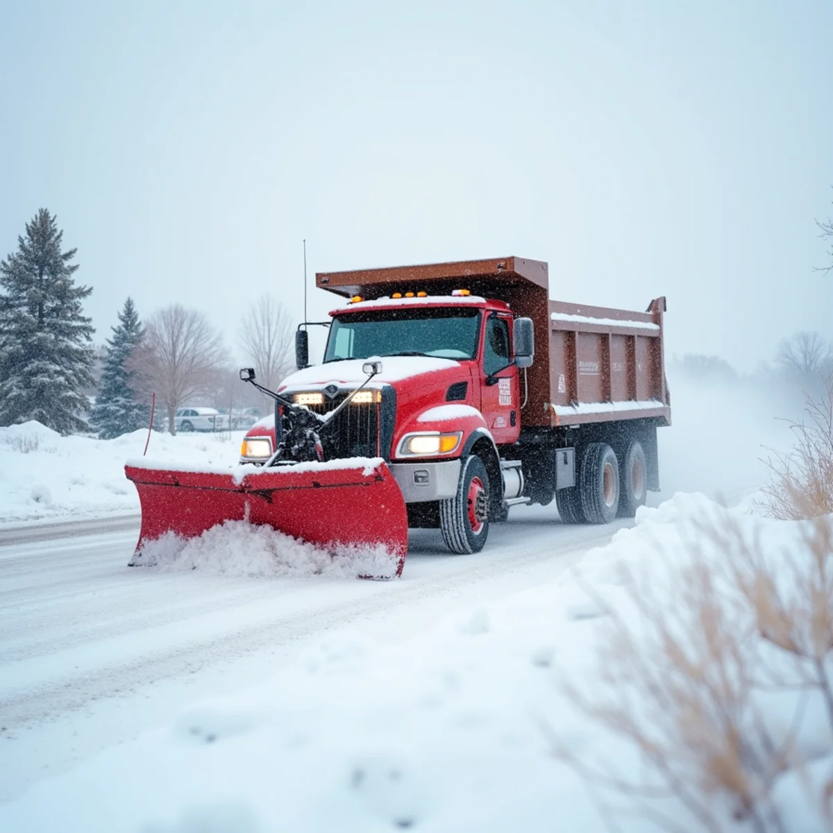 Heavy plow truck clearing a deep blizzard snow drift from a driveway in Rock Springs, WY