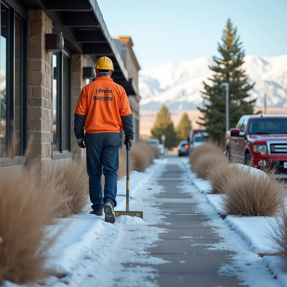 Cleared commercial sidewalk and parking lot after snow removal in Rock Springs Wyoming