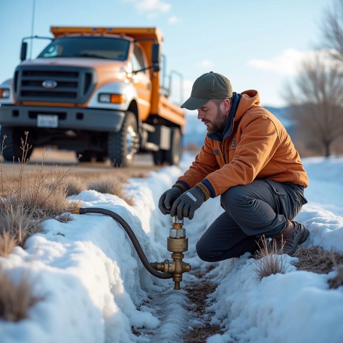 Frozen underground irrigation line being thawed and a shattered brass valve replaced in Rock Springs, WY