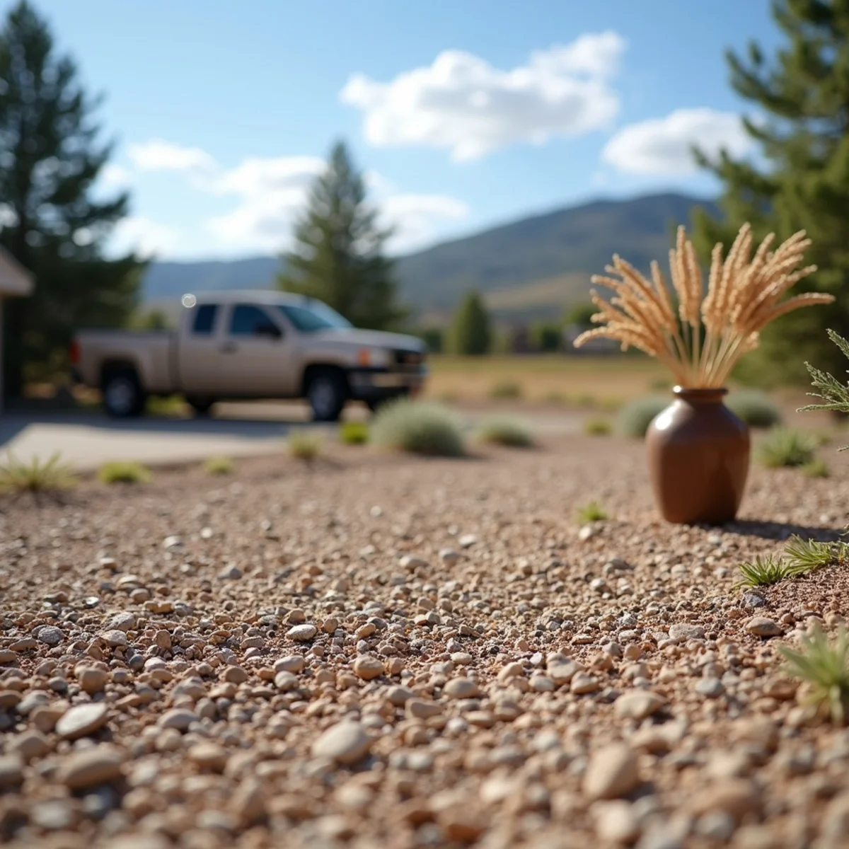 Crushed gravel xeriscape front yard in Green River, WY