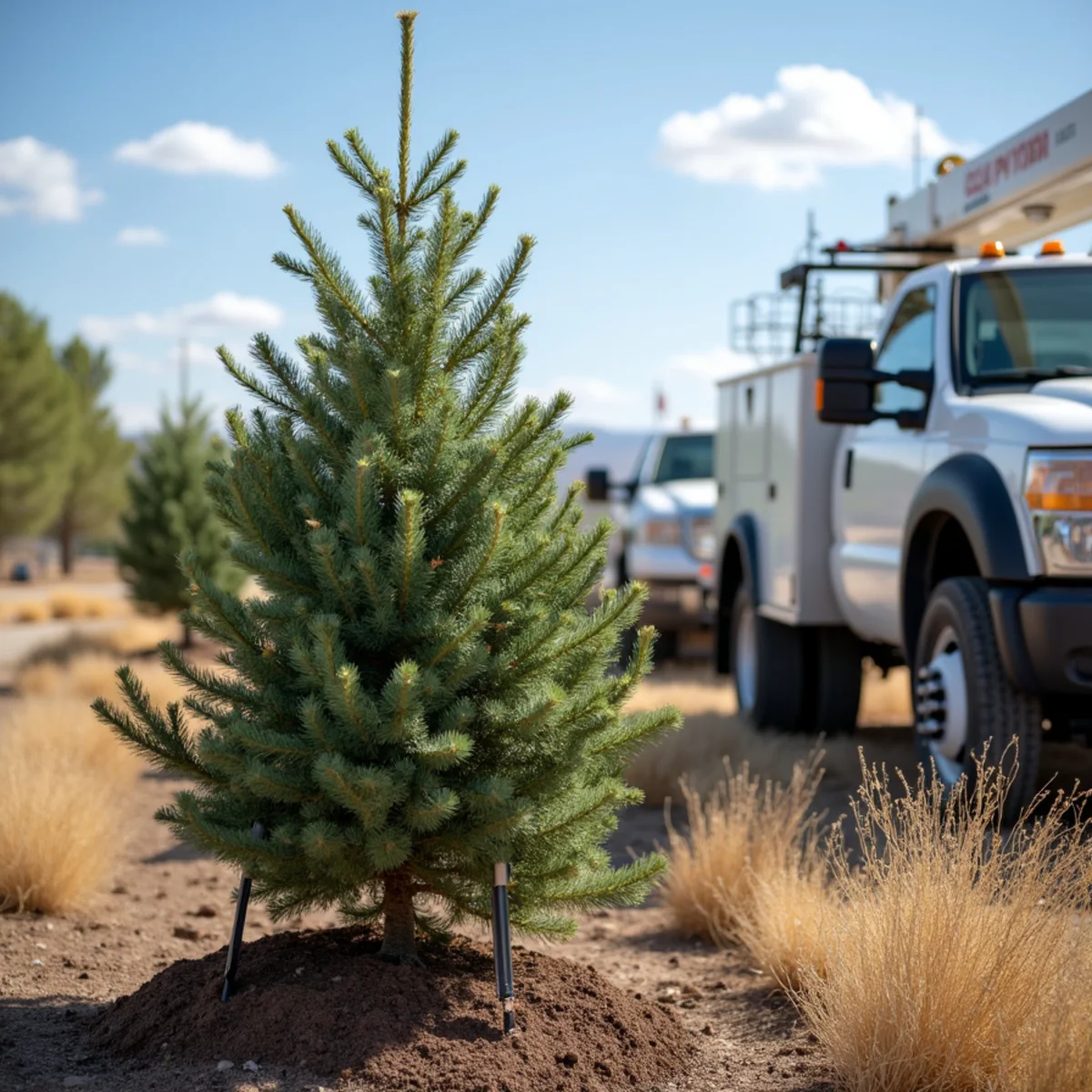 Newly planted and wind-staked Blue Spruce in Rock Springs, WY