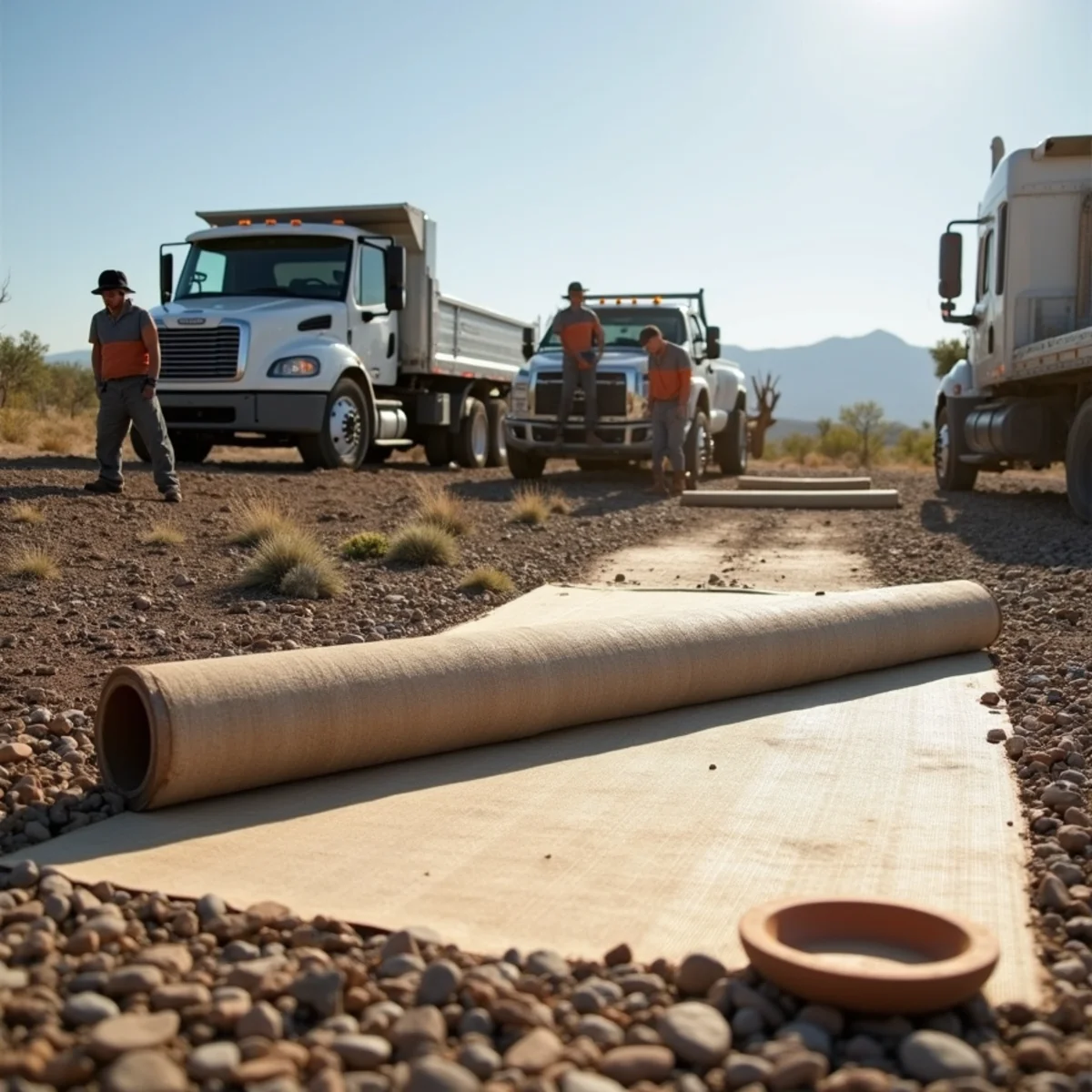 Geotextile weed barrier and rock bed installation in Wyoming