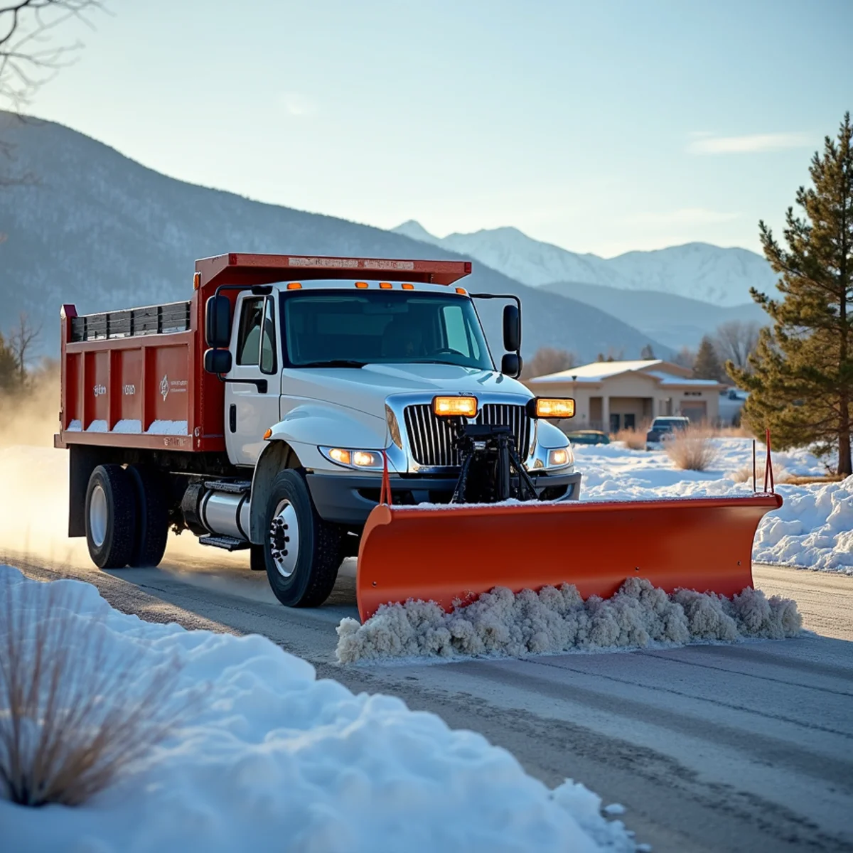 Commercial snow plowing of a parking lot in Rock Springs, WY