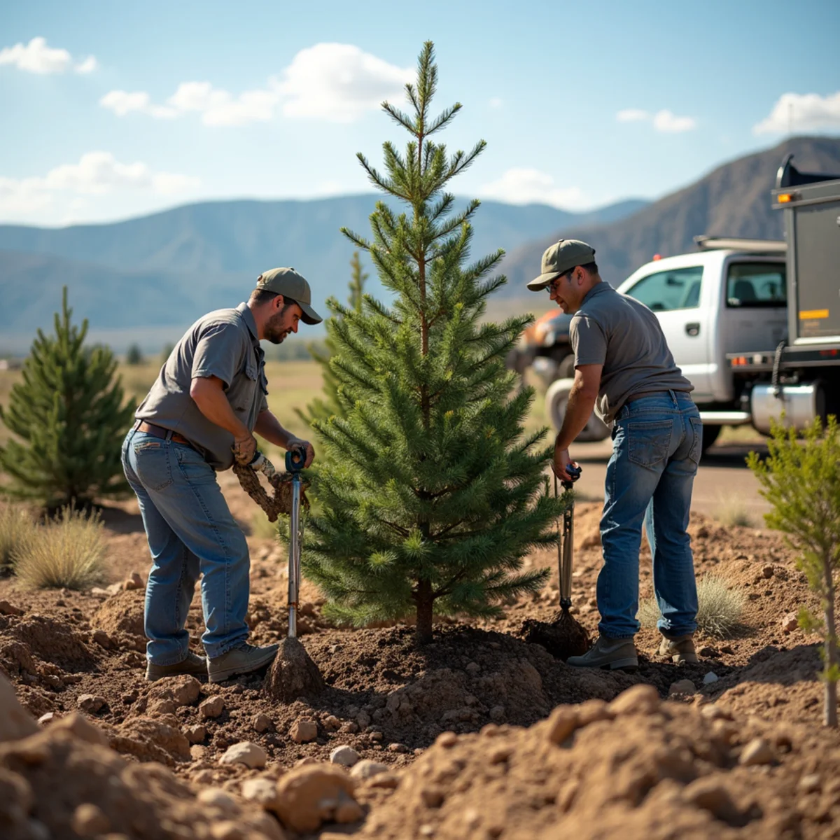 EZ Dayz Landscaping crew performing tree planting & staking in Rock Springs, WY