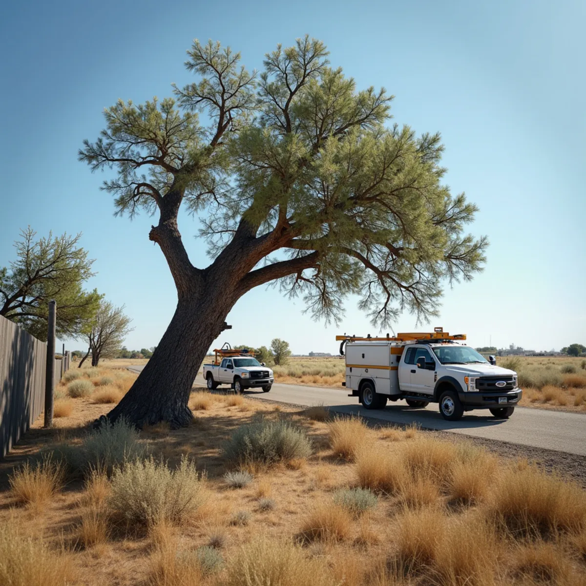 Fallen cottonwood tree resting on a fence after a high-wind storm in Wyoming