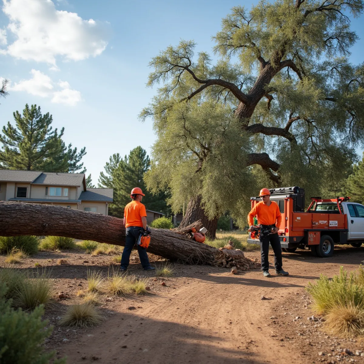 Crew removing a large cottonwood blown down by high wind across a Rock Springs, WY yard
