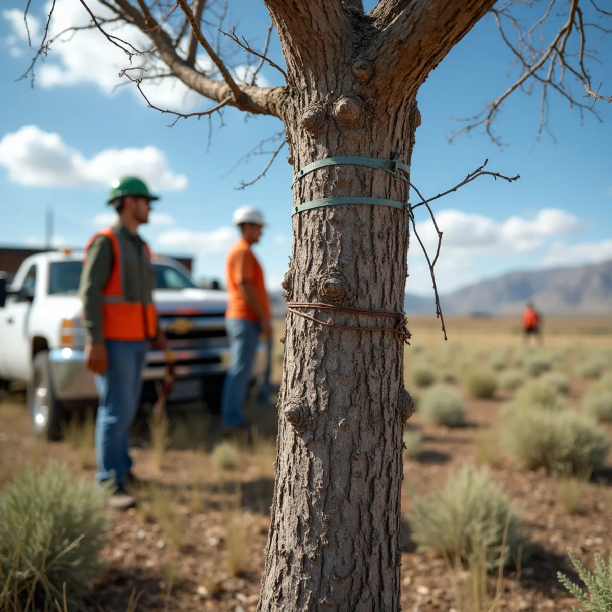 Newly planted tree properly staked with wide straps against high wind in Wyoming