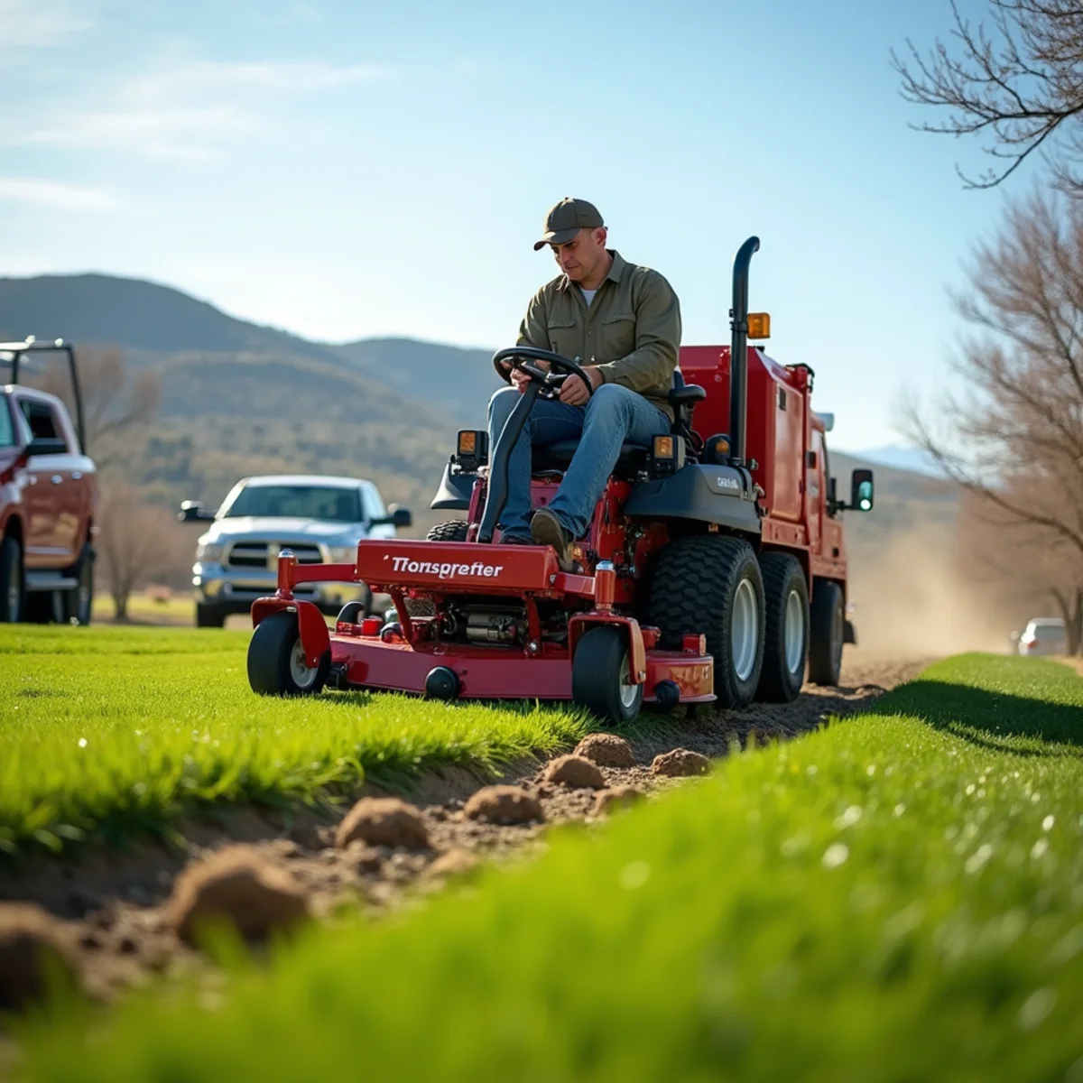 Core aeration machine pulling soil plugs from a compacted Rock Springs, WY lawn in spring