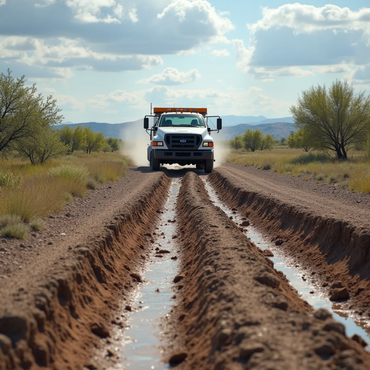 Deep erosion ruts in a gravel driveway after spring snowmelt in rural Wyoming