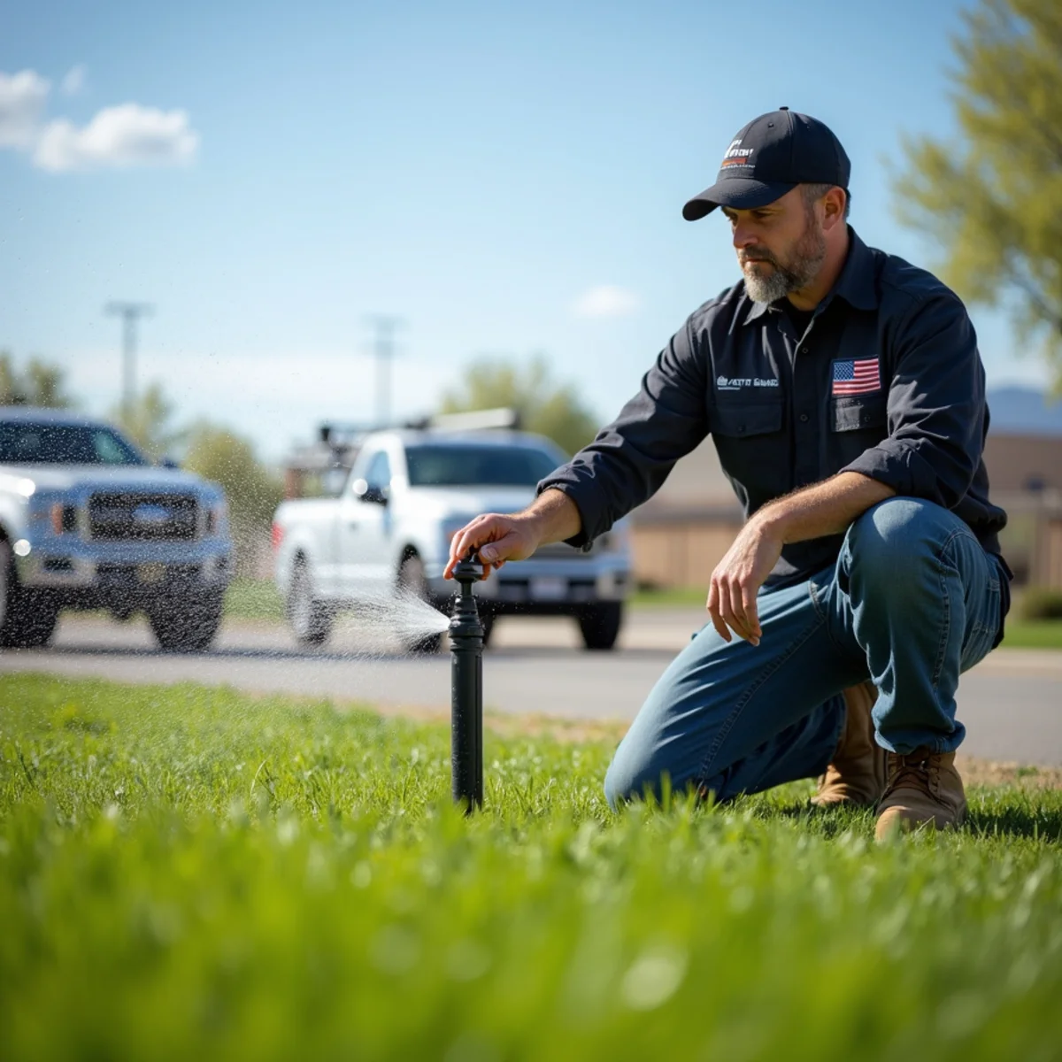 Technician tuning a sprinkler head during spring system activation in Rock Springs, WY