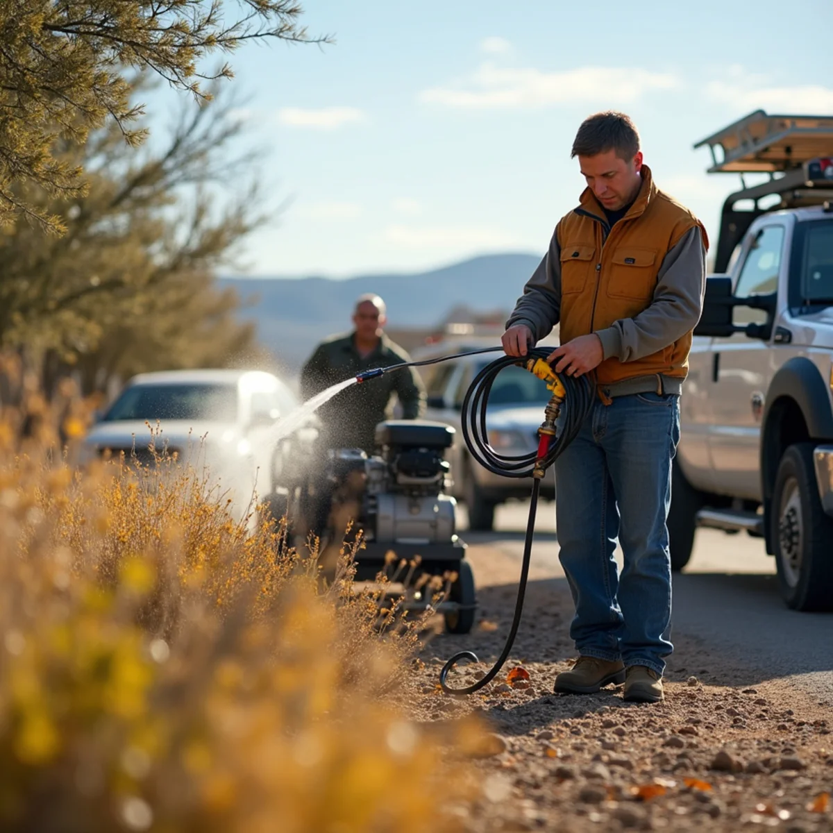 Technician performing a commercial air-compressor sprinkler blowout in Rock Springs, WY before winter