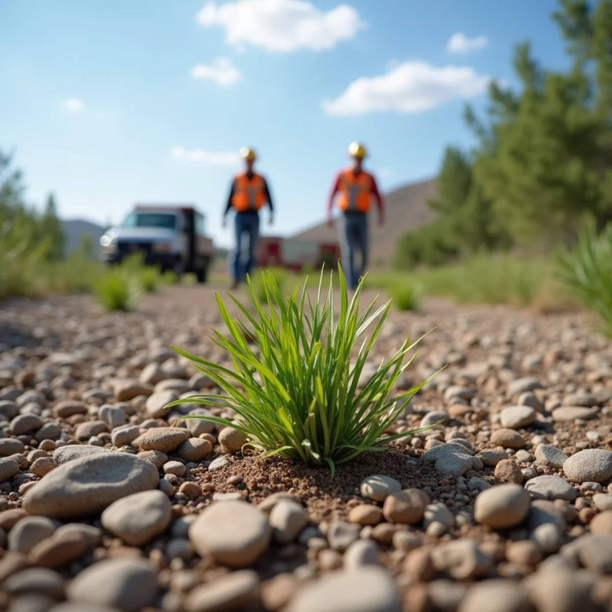 Weeds sprouting through a decorative rock landscaping bed in windy Wyoming