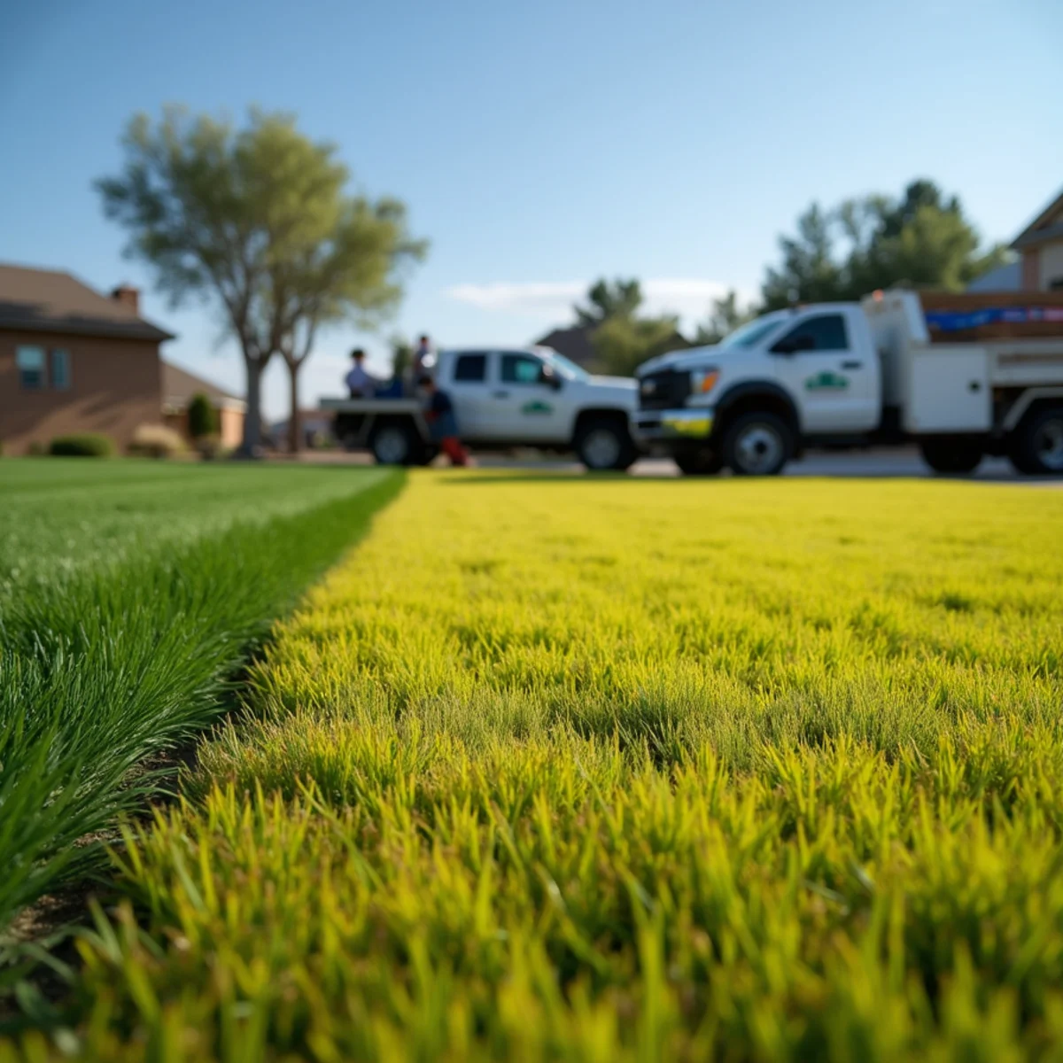 Yellowing lawn showing iron chlorosis caused by alkaline soil in Wyoming