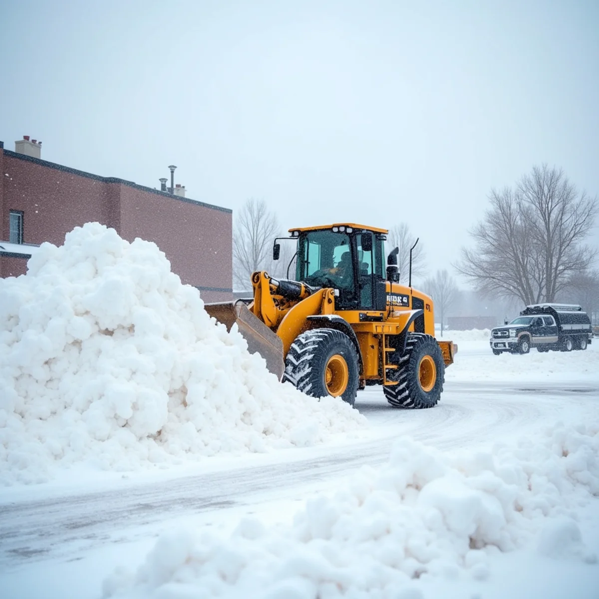 Wheel loader clearing an 8-foot snow drift from a commercial parking lot in Wyoming